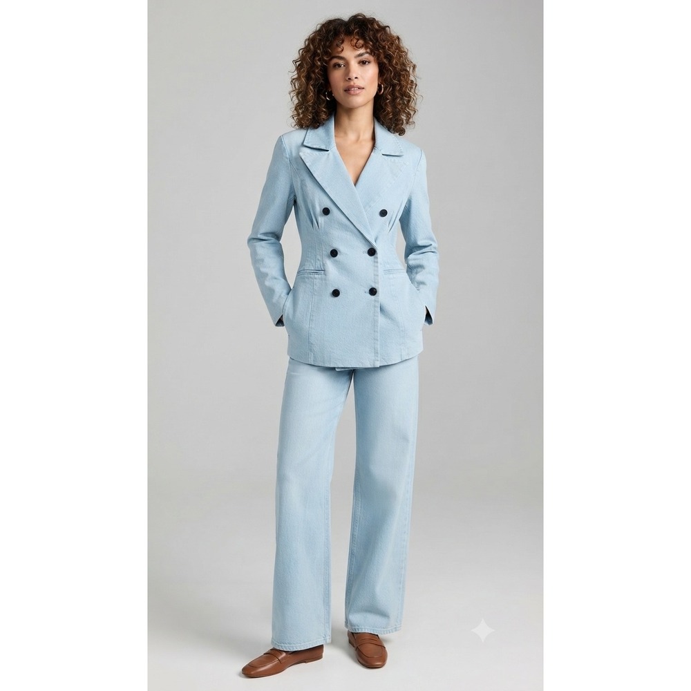 Blue denim cinch waist double breasted, padded shoulders The Corset blazer sz L